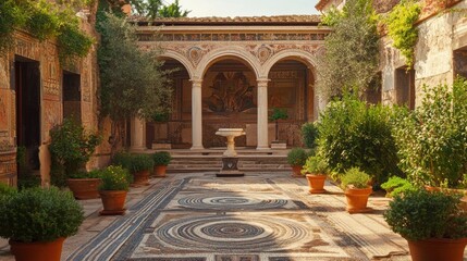 Fototapeta premium Sun-Drenched Courtyard: An elegant courtyard in the heart of a building, offering a serene and inviting space. Lush greenery frames the scene, where arches and intricate patterns decorate the space.