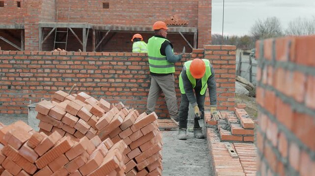 Construction workers laying bricks on building site. Two construction workers in reflective vests and hardhats lay bricks to build a wall at a construction site under development.