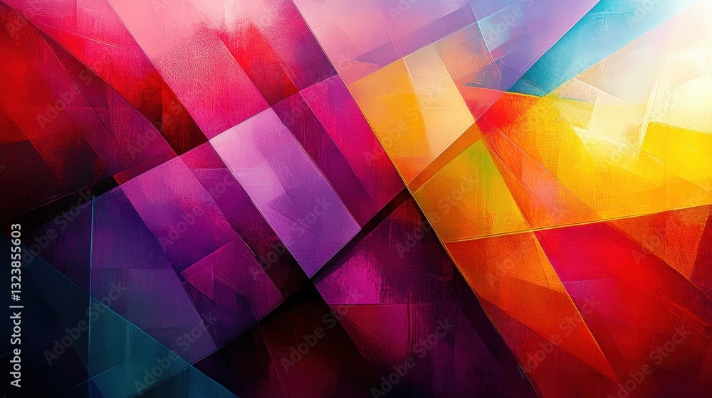 Poster an abstract artwork with intersecting colorful shapes. this vibrant composition is a blend of bold h