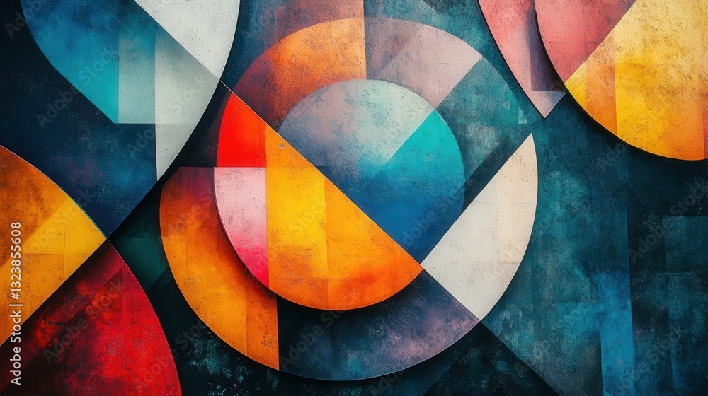 Poster colorful geometric pattern with circles and abstract shapes, the colors creates a vibrant and dynami