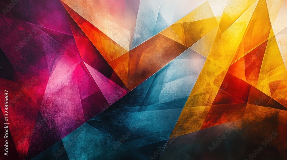 Poster abstract geometric design with vibrant colors and sharp angles, forming a modern and dynamic visual