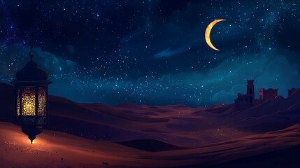 Naklejka premium Ramadan Kareem background. Arabic lantern in the desert at night