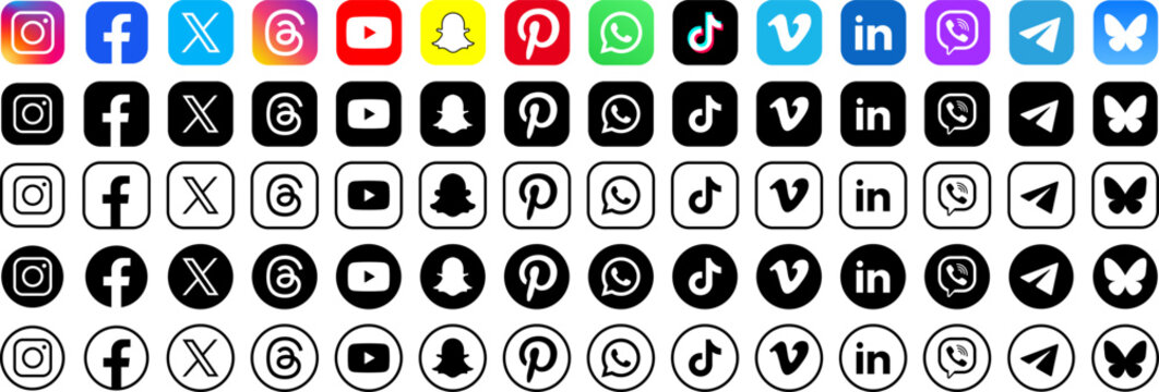 Popular social media apps icons set on transparent background. Modern design of social media icons: Instagram, Facebook, X, Threads, YouTube, Snapchat... Vector set EPS 10