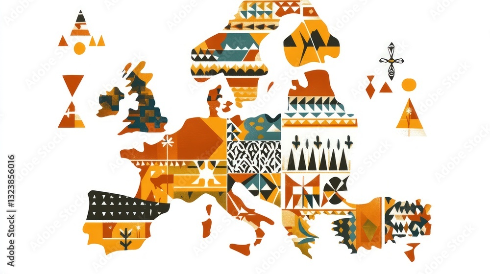 Poster geometric map illustration of a region with various patterns and colors on white background