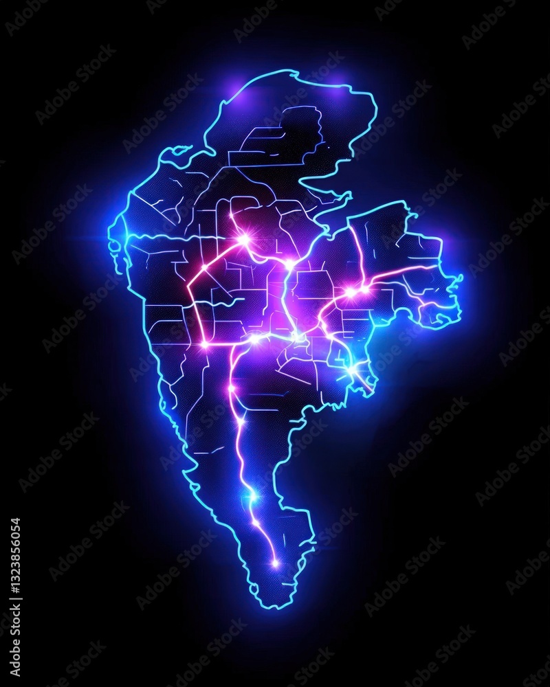 Poster glowing map illustration in vibrant blue and pink hues depicting interconnected networks and pathway