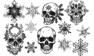 Fototapeta premium Skulls and snowflakes fusion: black and white linear icons set, vector.
