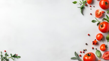 Fototapeta premium Vibrant red tomatoes and fresh green basil on pristine white background ripe