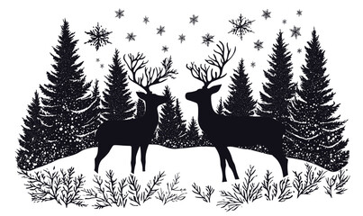 Winter forest scene with deer and snowflakes, vector flat icons set.