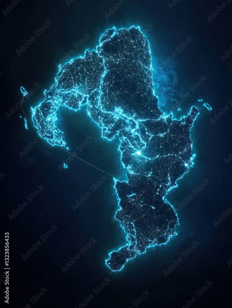 Poster abstract glowing map outline against a dark blue backdrop showcases a network of interconnected ligh