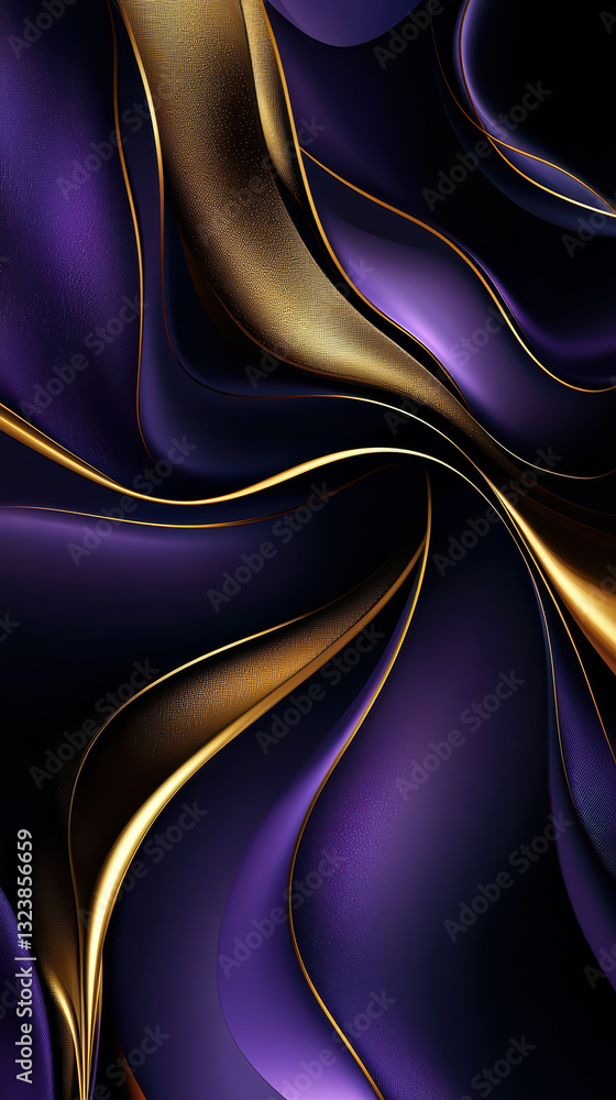 Poster golden curves: elegant abstract background features flowing waves of purple and gold, a display of l