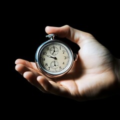 A hand holding a stopwatch, black background, symbolizes measuring time and efficiency.