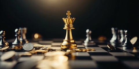 Golden King Chess: Captivating close-up of a golden king chess piece, the focal point of a complex strategy game. Strategic planning, competition, and the allure of power reflected.