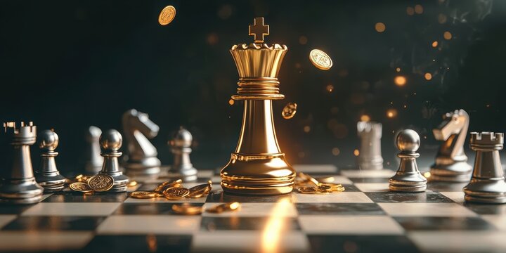 Strategy's Golden Realm: A photorealistic depiction of a chessboard, the golden king piece stands central, surrounded by other chess pieces and golden coins, symbolizing power, strategy and wealth.