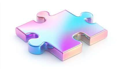 A 3D glossy gradient puzzle piece icon, with smooth, rounded edges and an iridescent holographic blend of pink, blue, and purple hues. Isolated on a white background.