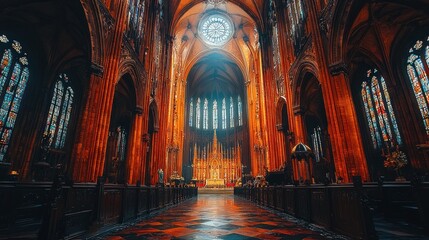 Fototapeta premium Majestic cathedral interior, high ceilings, stained glass, altar, pews, religious architecture.
