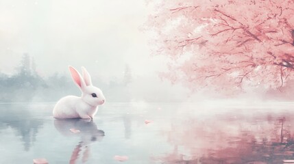 Obraz premium White Rabbit by Cherry Blossom Lake Spring Serenity