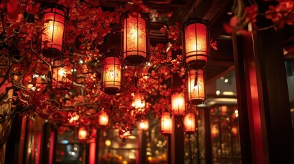 Fototapeta premium Red Lanterns Asian Decor Festive Lighting Restaurant Ambiance