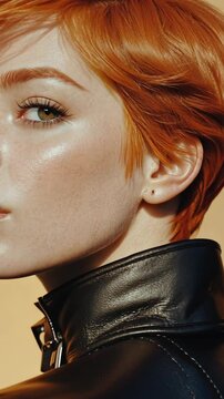 Stylish portrait of a model with short red hair wearing a black leather jacket against a warm background