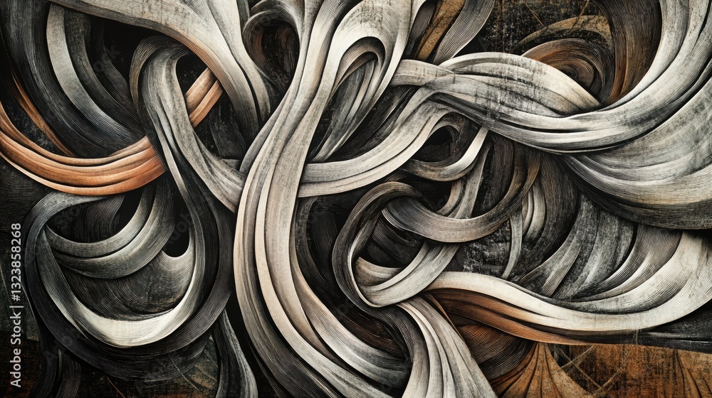 Poster abstract ribbons tangled: artistic rendering of intricate, intertwined ribbons in grayscale and copp