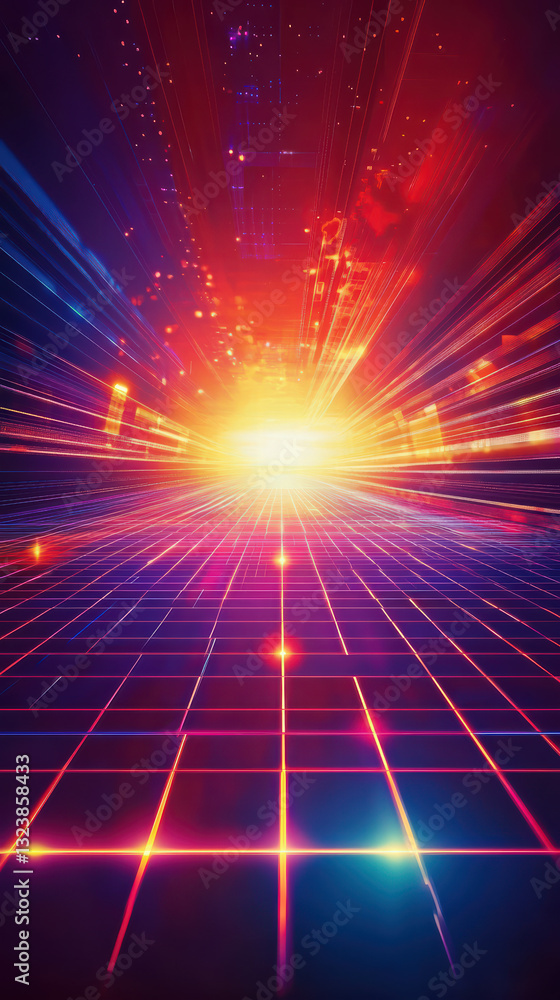 Poster digital data flow: futuristic view of a data stream. a neon-lit grid converges towards a bright, ene