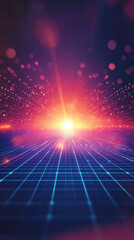 Obraz premium Digital Horizon: An abstract, futuristic digital landscape with a vibrant sunrise or sunset, where glowing lines converge toward a bright light, creating a sense of endless possibilities