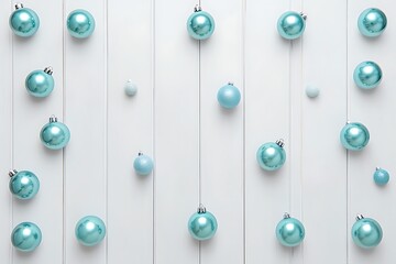 Obraz premium Blue balls hanging on white wooden wall background
