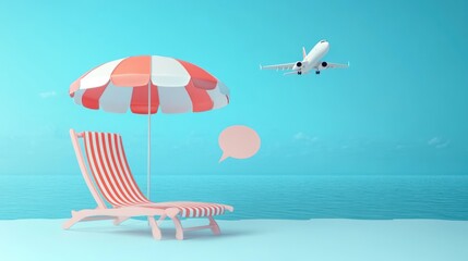 Summer Vacation Sale Ad Banner for Beach and Pool Fun with Deck Chair Umbrella Airplane Travel