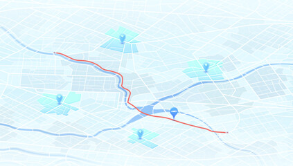 GPS navigation system displaying multiple markers and pins along designated route. Abstract isometric urban plan POI with city streets. Vector illustration travel path for travel.