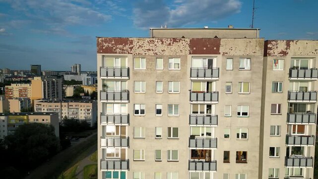 Drone view of old panelak building in Goclaw area, part of Praga Poludnie district of Warsaw