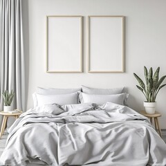 Bedroom Interior with Neutral Tones and Plant Life Featuring Artwork Frames and Minimalist Decor