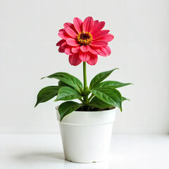 A pink Gerbera flower in a white pot with green leaves, sitting on a white surface, against a plain light gray background, soft lighting