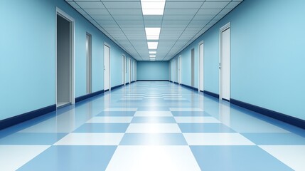 Obraz premium Bright and clean hallway in a modern building with blue walls and checkered floor design