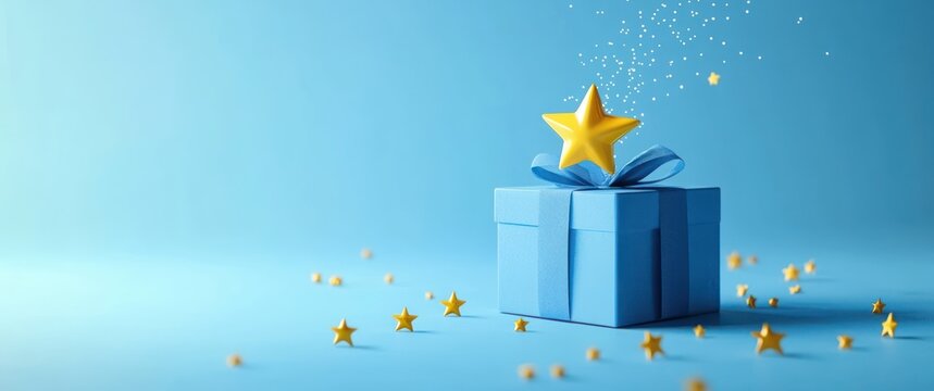 Blue Gift Box with Yellow Star Reward Bonus Loyalty Program Marketing Concept with Floating Stars