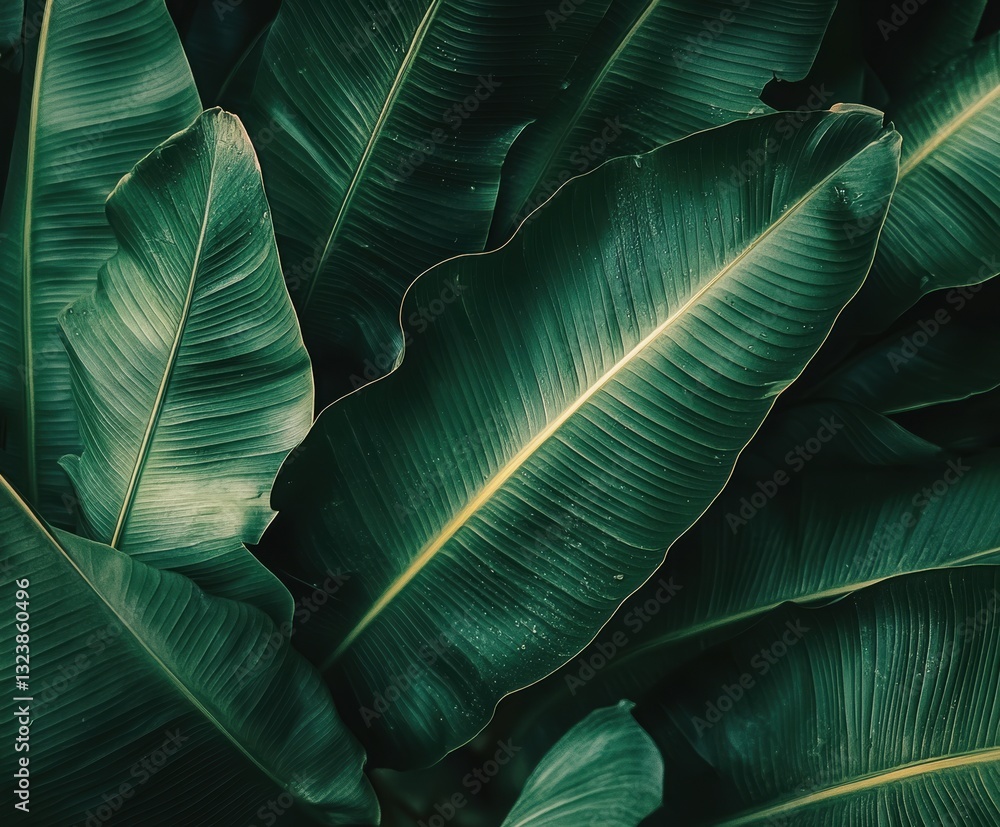 Poster botanical abundance: a close-up view showcases a cluster of lush, emerald green banana leaves with i