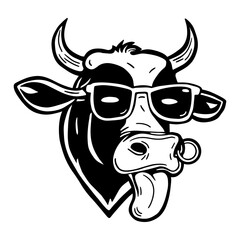 A playful cartoon illustration of a cow's head wearing glasses and sticking out its tongue, perfect for fun and creative projects.