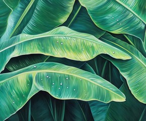 Obraz premium Emerald Canopy: An intricate display of vibrant green banana leaves, adorned with delicate water droplets, captures the essence of tropical abundance and natural elegance.