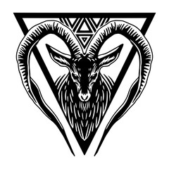 Obraz premium Black and white vector illustration of a goat head with large horns inside a geometric triangle. Perfect for tattoos, logos, occult designs, and cut files.