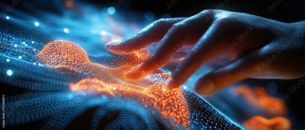 Poster interactive digital touch exploring technology through light and motion virtual space close-up view
