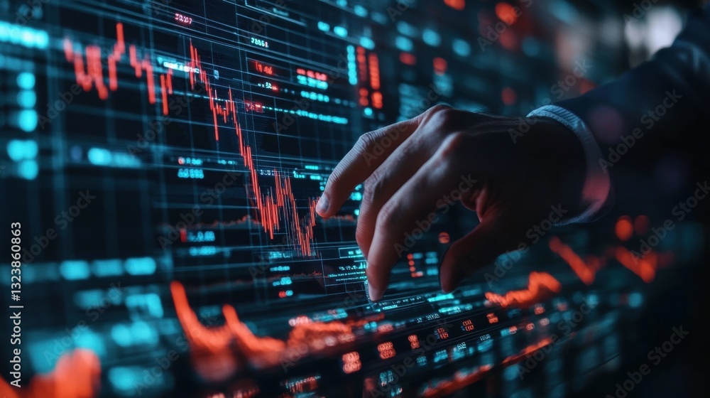 Poster analyzing stock market trends digital graphs and investment insights in a high-tech environment