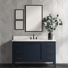 Chic Bathroom Vanity with Marble Countertop Mirror and Green Eucalyptus Modern Interior Design