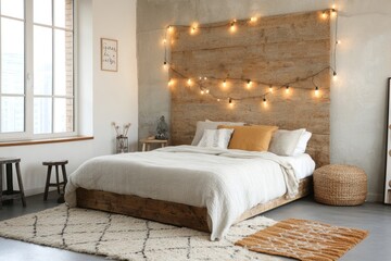Elegant Bedroom with a Comfortable Bed, Plush Rugs, and Soft Glow Lighting