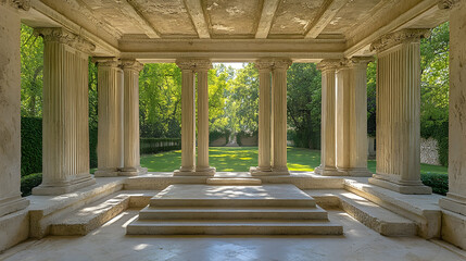 Fototapeta premium Elegant colonnaded patio overlooking a garden