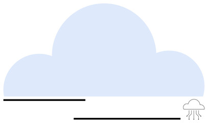 Blue cloud above horizontal lines with small rain cloud icon. Ideal for weather, data storage, cloud computing, forecasting, climate change, meteorology, minimalistic designs. Flat simple metaphor