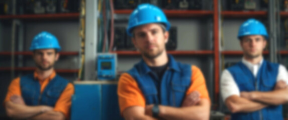 Blurred background capturing a team of professional electricians with blue safety helmets and crossed arms, symbolizing unity and technical proficiency