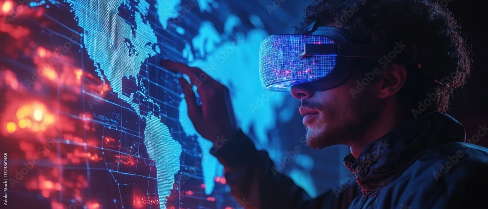 Poster exploring virtual reality technology global maps and data visualization indoor user perspective
