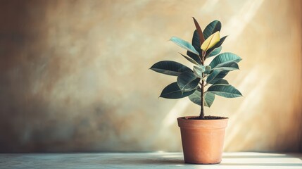 A verdant rubber plant, its leaves like emeralds, nestled in a terracotta pot, its dark form standing out against a neutral, off-white backdrop, creating a sense of tranquility and natural elegance.