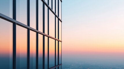 Modern glass building reflecting the sunset sky. Architecture and urban development concept.