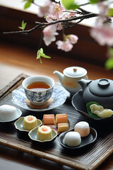 Japanese tea and sweets in traditional style, with beautiful tableware and decorations
