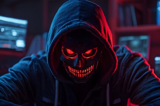 a person in a hoodie wearing a scary mask.