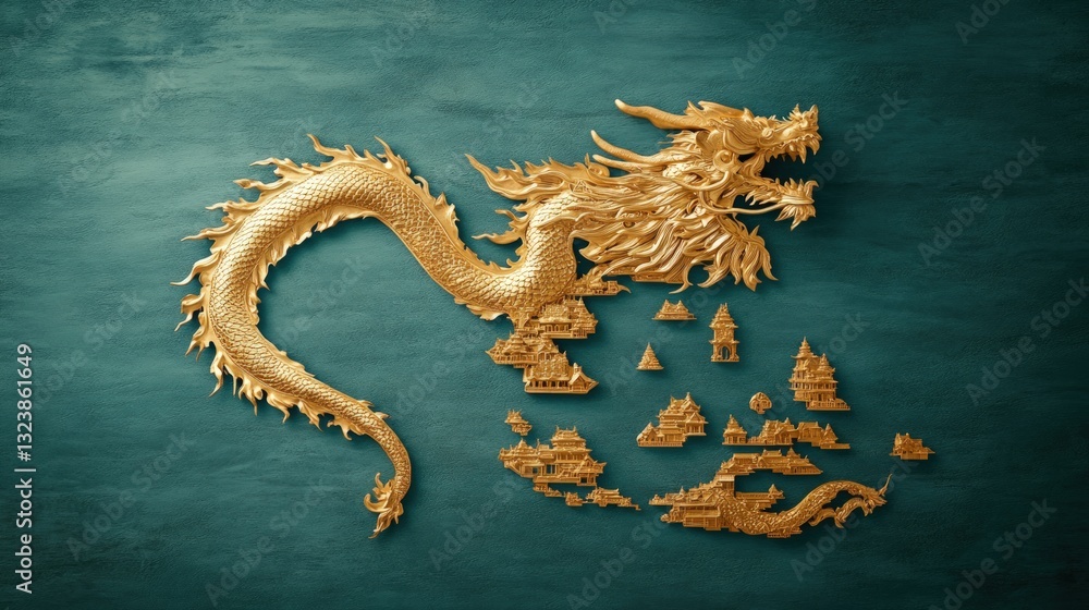 Poster golden dragon mosaic artwork on teal textured background with detailed pixelated design elements. ar
